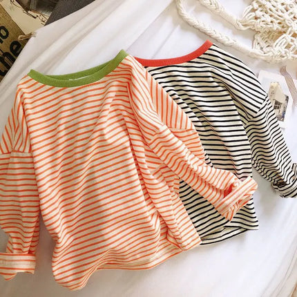 Boys and Girls Long-Sleeved T-shirt, Children's Base Layer, Spring and Autumn Pure Cotton Casual Versatile Striped Baby Top