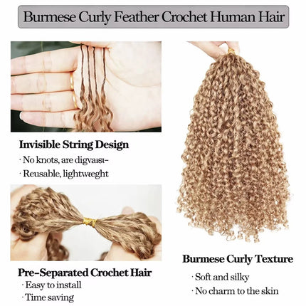 Honey Blonde Feather Crochet 100% Human Hair Extensions Reusable Knotless Invisible Burmese Curly Braiding Hair For Boho Braid
