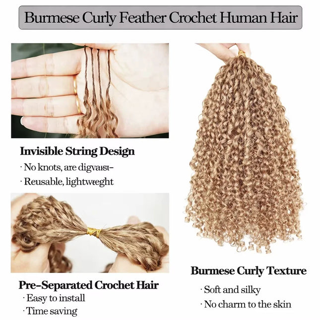 Honey Blonde Feather Crochet 100% Human Hair Extensions Reusable Knotless Invisible Burmese Curly Braiding Hair For Boho Braid