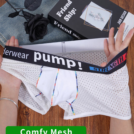 Men's PUMP! Mesh Boxer Briefs U Convex Pouch Rainbow Stitching Elastic Waistband Breathable Quick Dry Underwear
