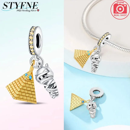 925 Sterling Silver Egyptian Pyramid Mummy Pharaoh Charms Beads Pendant Fit Original Bracelets DIY Jewelry Fine Gift