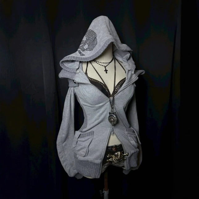 Street Chic Sexy Waist Zipper Hoodie Cardigan Solid Color Patchwork Fashionable High Street Womens Wear
