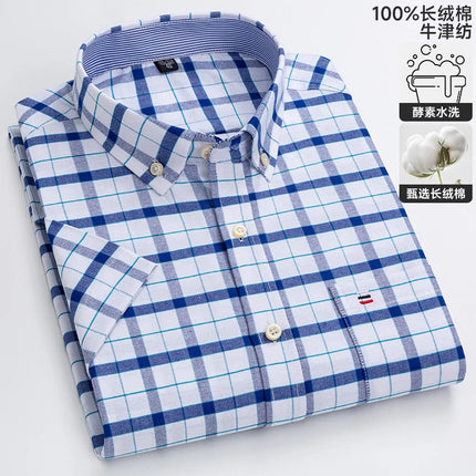 New 100% Cotton Oxford Men's Shirts Short Sleeve Plaid Soft Regular Fit Formal Dress Shirt Social Blouse Male Clothes 6XL 7XL