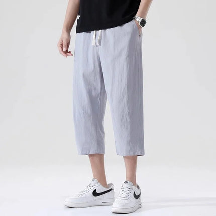 Summer Men's Casual Shorts Cotton Blended Long Elastic Waist Loose Pocket Drawstring 3/4 Length Shorts Daily Street Wear