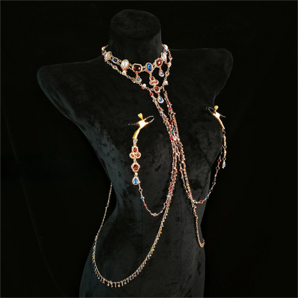 Rhinestone Body Chain Set with Nipple Clamps Back Chain and Waist Chain Luxury Multicolor Crystal Body Jewelry for Night Club