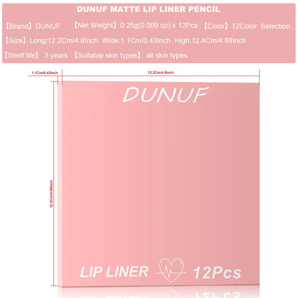 DUNUF 12 Color Matte Lip Liner Pencil Set Waterproof Smudge Proof Long Lasting Vegan Cruelty Free Lipstick Makeup Kit
