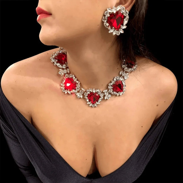 Exaggerated Rhinestone Red Heart Necklace Earrings Women Fashion Romantic Jewelry Set Light Luxury Banquet Wedding