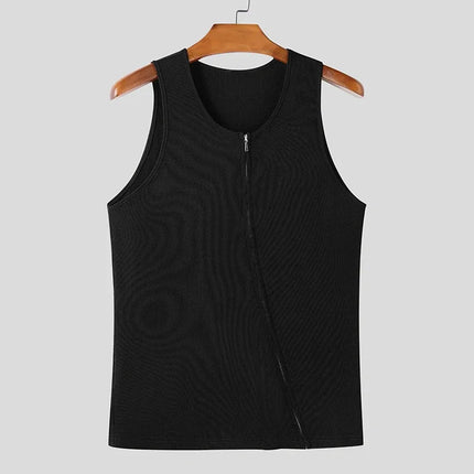 Men's Casual Y2K Ribbed Tank Tops Diagonal Zipper Vest Slim Fit Muscle Gym Sleeveless T-shirts Bodybuilding Workout Tank for Men