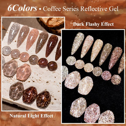 6pcs Coffee Brown Reflective Glitter Gel Nail Polish Set Dark Flashy Semi Permanent Soak Off UV Gel Varnish Nail Supplies Salon