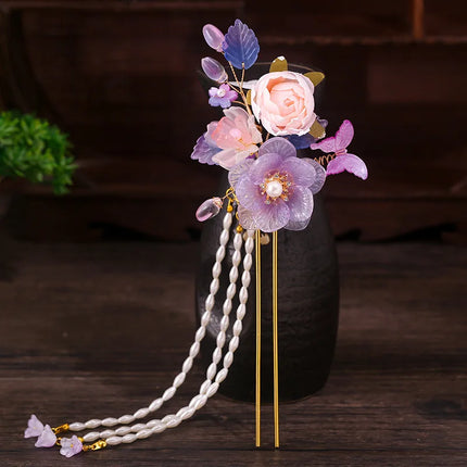 Fairy Purple Flower Hair Stick Chinese Tang Costume Hair Accessories Fringe U-shaped Hairpin Vintage Cheongsam Hair Bun Jewelry