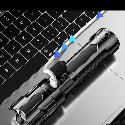 Super Bright LED Flashlight USB Rechargeable Torch with Built-in Battery Telescopic Zoom Lantern for Outdoor Hiking Fishing