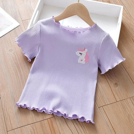 Girls' Embroidered Short Sleeve T-Shirt Ice Silk Summer Top with Ruffle Trim Stretchy Soft for Toddler Baby 1-6 Years