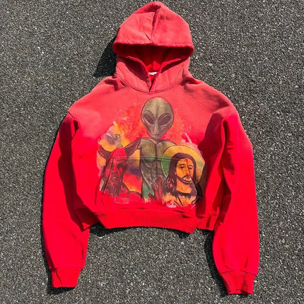 European and American Style Street Alien Print Hooded Sweatshirts for Men Autumn High Street Gothic Loose Fitting Couple Hoodies