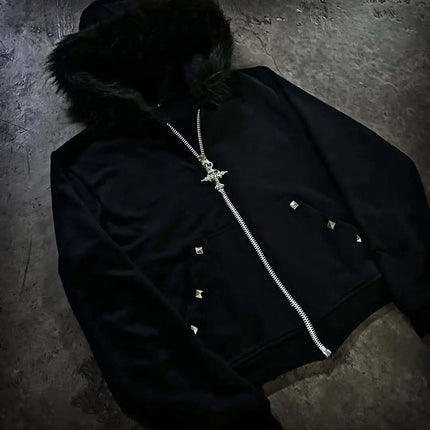 Plush collar rhinestone cardigan zipper hooded sweatshirt rhinestone dark style y2k trendy street women's hoodie