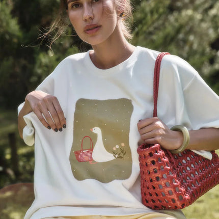 Sumuyoo Cotton Women's Fashionable Printed T-shirt Casual Vintage Fashion Hip Hop Loose Top 230g/m³ Printing Short Sleeve