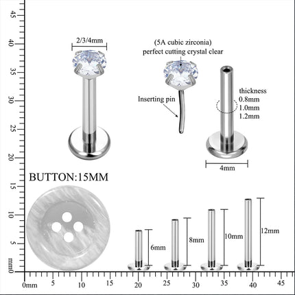 10PCS ASTM F136 G23 Titanium Piercing Labret Lip Ring Stud Earring CZ Ear Tragus Cartilage Helix Daith Pierc Jewelry 16/18/20g