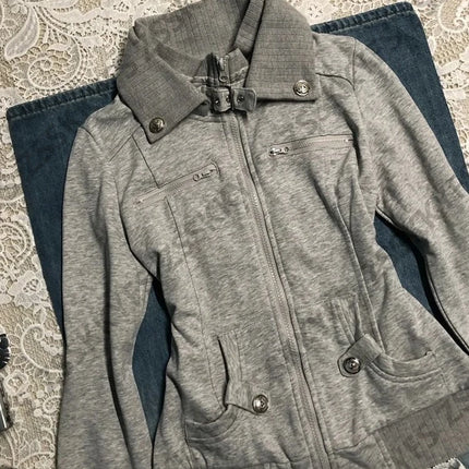 Vintage Coat Zipper Slim Y2k 2000s Womens Goth Punk Streetwear Polo Jacket Sweatshirt Basics Hoodie Autumn Winter Fashion Grunge