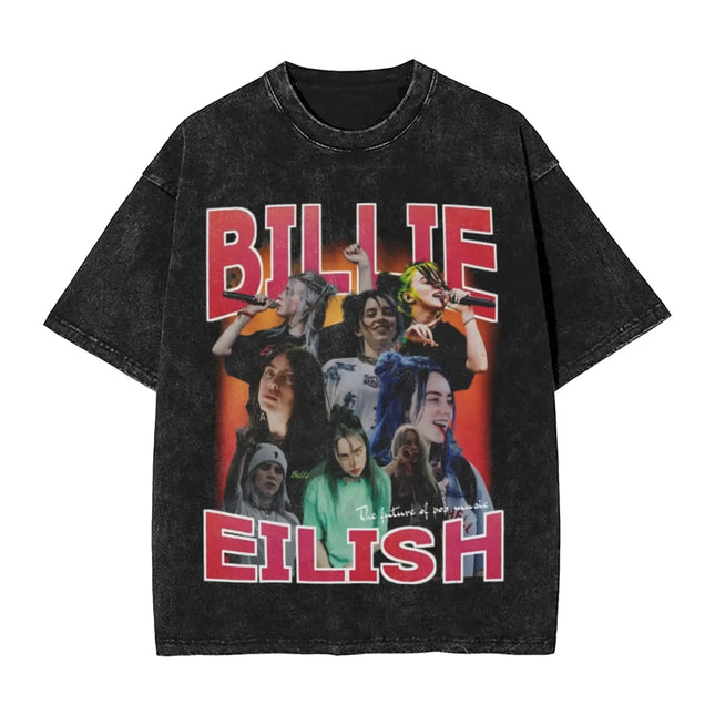 Billie Eilish Funny Poster Graphic Print T-shirt Men Women Fashion Vintage Washed Cotton O-neck Summer Tee Oversized Casual Top