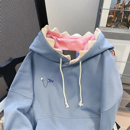 Aesthetic Long Sleeve Fleece Shark Hoodies Drawstring Top Coat Hooded Sweatshirts Casual Loose Shark Hat Sweater School Student