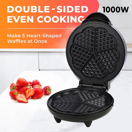 Heart Waffle Maker- Make 5 Heart Shaped Waffles for Special Loved Ones Breakfast- Nonstick Baker Easy Cleanup, Electric Waffler