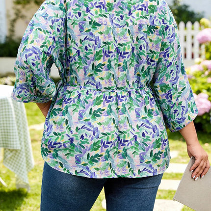 Plus Size Women's Color Leaf Print Shirt Waist-Tie Collared 3/4 Sleeve Loose