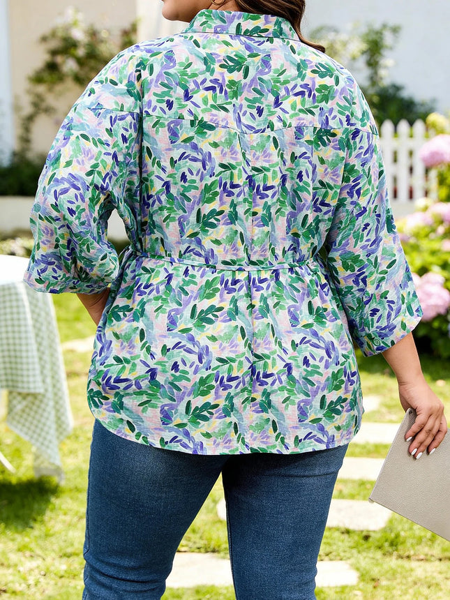 Plus Size Women's Color Leaf Print Shirt Waist-Tie Collared 3/4 Sleeve Loose