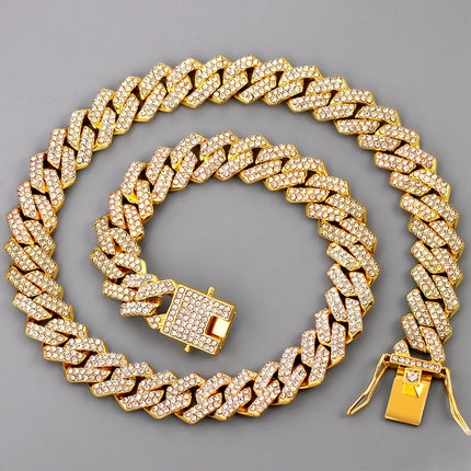 14mm Iced Out  Prong Cuban Link Chain Necklace for Men Women 2 Row Rhinestone Paved Miami Rhombus Hip Hop Jewelry Wholesale