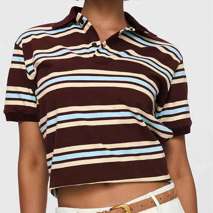 Women Summer Basic T-Shirt Casual Striped Print Lapel Short Sleeve Tops For Streetwear Aesthetic Grunge Clothes Hot Sale S-XL