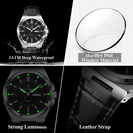 POEDAGAR Trendy Sport Men's Wristwatch Waterproof Luminous Date Week Business Fashion Men's Quartz Watches Leather Men's Watch Reloj