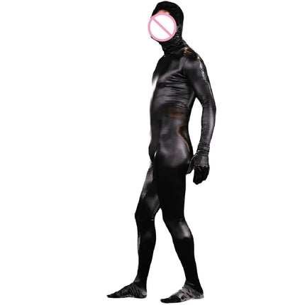 Men Body-Shaping Clothing Shark-Skin PU Shapewear Jumpsuit Faux Leather All-In-One Bodysuit Fully Covered Cosplay Zentai Leotard