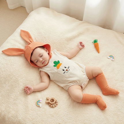 FOCUSNORM 0-18M Lovely Baby Boys Girls Easter Romper Bunny Carrot Embroidery Pocket Sleeveless Hood Jumpsuits Socks