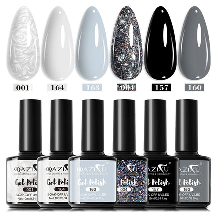 QAZIXU 1/6Pcs Grey White Color Nail Gel Polish Glitter Gel Semi Permanent UV Gel Winter Soak Off UV LED Nail Art Popular Color