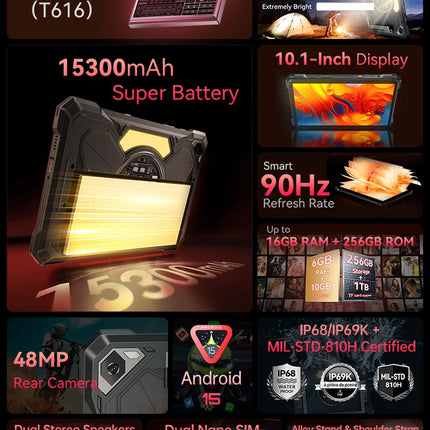 Tablet Android 15 Cubot TAB KingKong S, 15300 mAh Battery, 16GB(6+10), 256GB, 10.1-Inch 90Hz Display, Camping Light, 48MP Camera