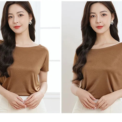 Summer women's short sleeved acetate fabric high-end knitted women's T-shirt thin European style hot selling women's T-shirt