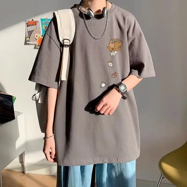 M-8XL Men Oversized Korean Fashion Loose American Vintage Carton Kitten Print Short Sleeve Versatile Trend Couple Outfit