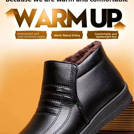 Men's Winter Thickened High-Top Cotton Shoes Warm Fleece Lined Leather Boots Anti-Slip Comfortable for Elderly And Dad