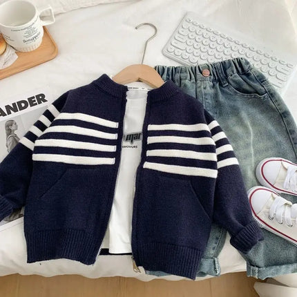 Boys' Contrast-Color Round Neck Cardigan  Spring Autumn Striped Knit Top with Fashion Yarn - Cool & Stylish