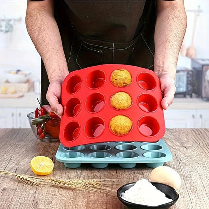 Food-Grade 12-Cavity Silicone Muffin Cake Mold, Non-Stick Cupcake Mold, High-Temperature Resistant Oven Baking Tool for Steamed Egg Pudding Meatballs