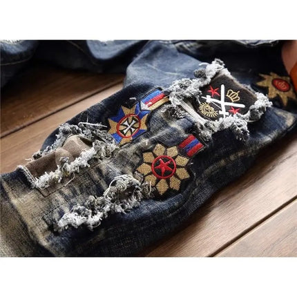 New Korean Luxury Clothing Multi-ripped Jeans Men's Patch Slim Retro Style Fashion Personality Badge Beggar Cargo Trousers Man