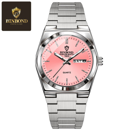 BINBOND 102 Couple Quartz Watch Men's Original Watch Waterproof Night Light Date Week Stainless Steel Men's and Women's Watch