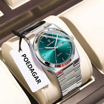 POEDAGAR Luxury Men Watch Stainless Steel Waterproof Luminous Men's Wristwatch Date Week Fashion Casual Men's Quartz Watches Reloj