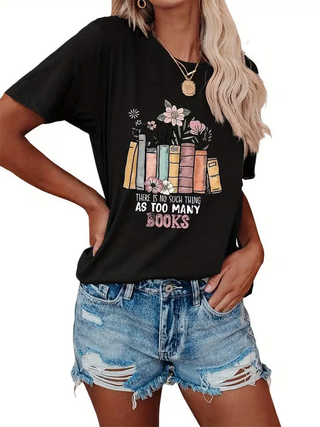 Women's Black Short Sleeve T-Shirt "I Like Books More Than I Like People"Front Print with Floral Book Design Top for Book Lovers