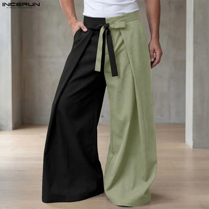 INCERUN Men Pants Patchwork Color-block Lace Up Joggers Casual Trousers For Man Pleated Streetwear Loose 2026 Fashion Long Pants