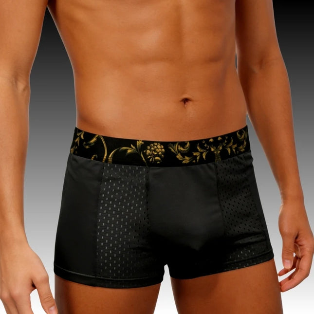 Men's Ice Silk Boxer Briefs Black Gold Baroque Waistband Breathable Quick-Dry Sports Trunks Plus Size 6XL Summer Cool Underwear