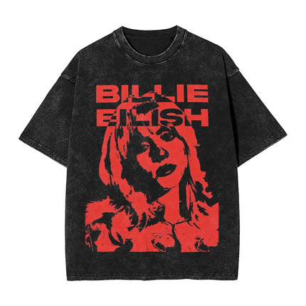 Billie Eilish Funny Poster Graphic Print T-shirt Men Women Fashion Vintage Washed Cotton O-neck Summer Tee Oversized Casual Top