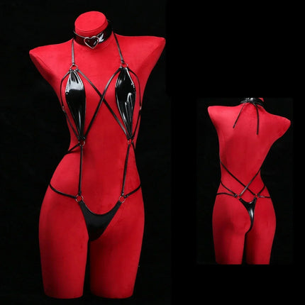 QQ Black Patent Leather Choker Wet Sexy Lingerie Bodysuits Erotic Crotchless Leather Jumpsuit Underwear Costumes Lingerie Set
