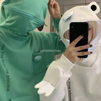 Unisex Frog Zipper Hoodie Fleece Lined Springtime Embroidery oversized Sweatshirt Harajuku Warm Pullover Korean Style Dropship