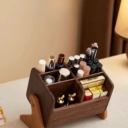 Walnut Cosmetic Organiser Desk-top Vanity Unit Lipstick & Eyeshadow Organiser Makeup Brush Holder Large Capacity Storage Rack