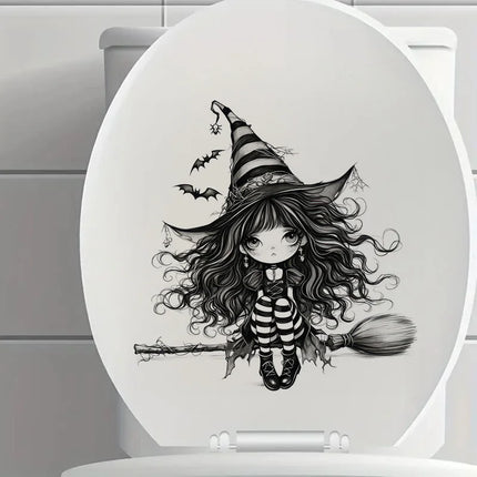 Whimsical Black Witch Self-Adhesive Wall Decal - Removable, Reusable PVC Sticker for Bathroom, Kitchen & Living Room Decor