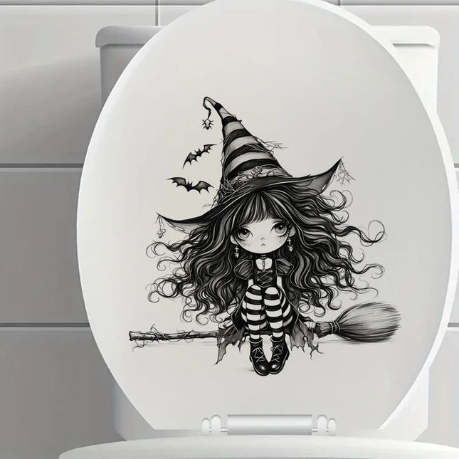 Whimsical Black Witch Self-Adhesive Wall Decal - Removable, Reusable PVC Sticker for Bathroom, Kitchen & Living Room Decor